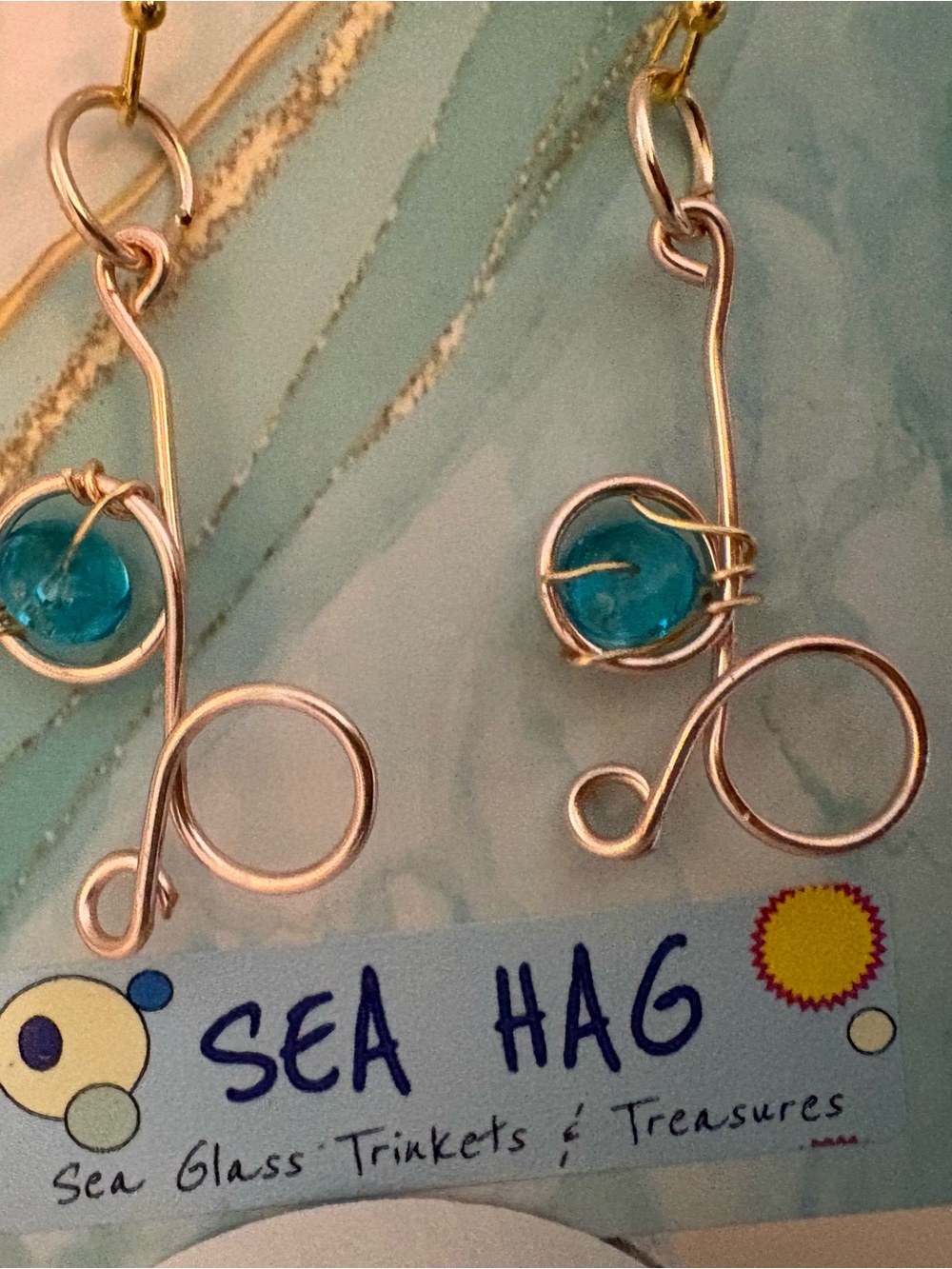 Sea Hag Wire Wrapped Sea Glass Earrings - Turquoise & Rose Gold